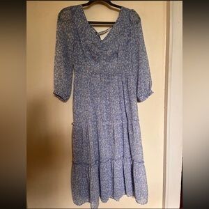 Sincerely Jules Light Blue Floral Tiered Midi Dress with V-Neck